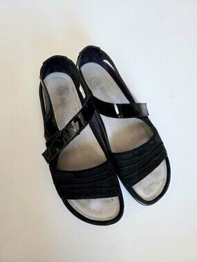 Naot Black Suede and Patent Leather Flat Sandals